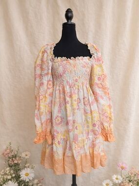 Ephemera Linen Floral Mini Dress Smocked Puff Sleeve Cottagecore US 4 UK 8 Fairy